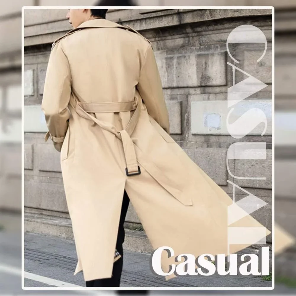 💫 Men Cream Long Trench Coat Oversized Casual windbreaker Double Breasted Coat